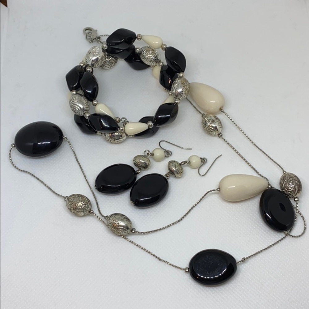 Necklace Bone, Black and Silver 3 piece beaded set